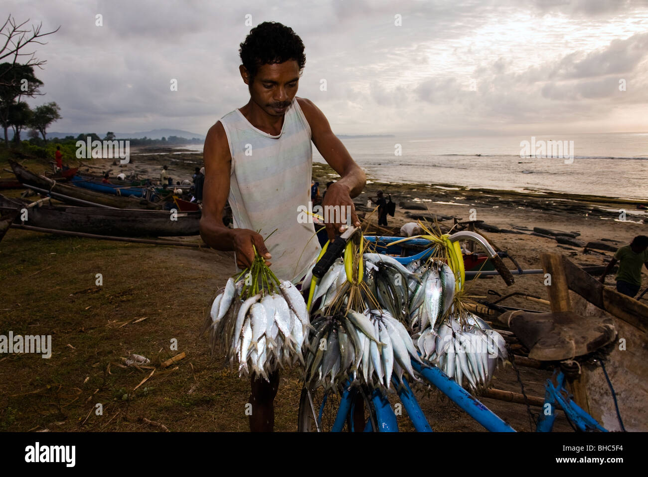 young man with fresh fish for sale at Suai-Loro at dawn East Timor  Oxfam supplied fishermen with nets and equipment Stock Photo