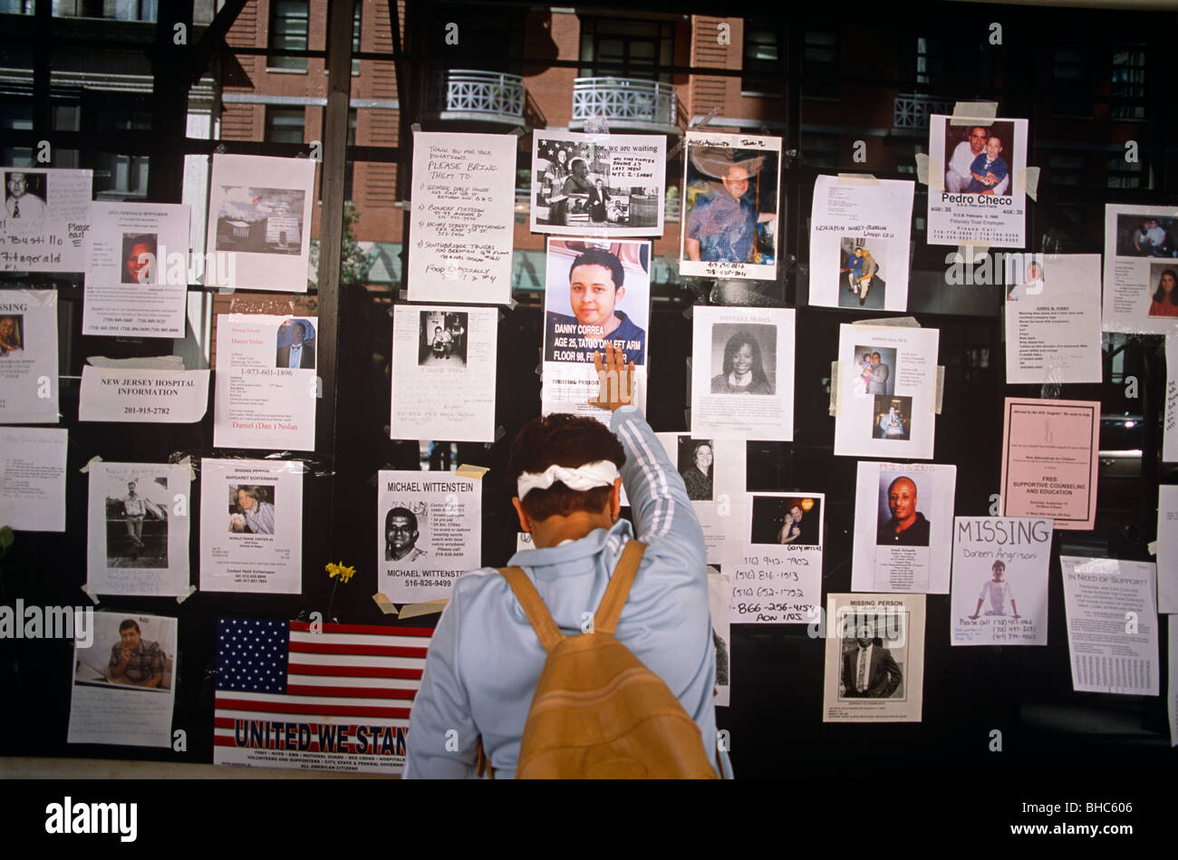 Relatives and friends remember the missing a week after the attacks on the twin towers on 9/11. Stock Photo