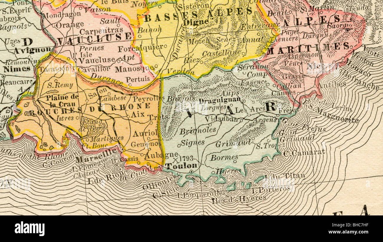 Original old map of French Riviera from 1884 geography textbook Stock ...