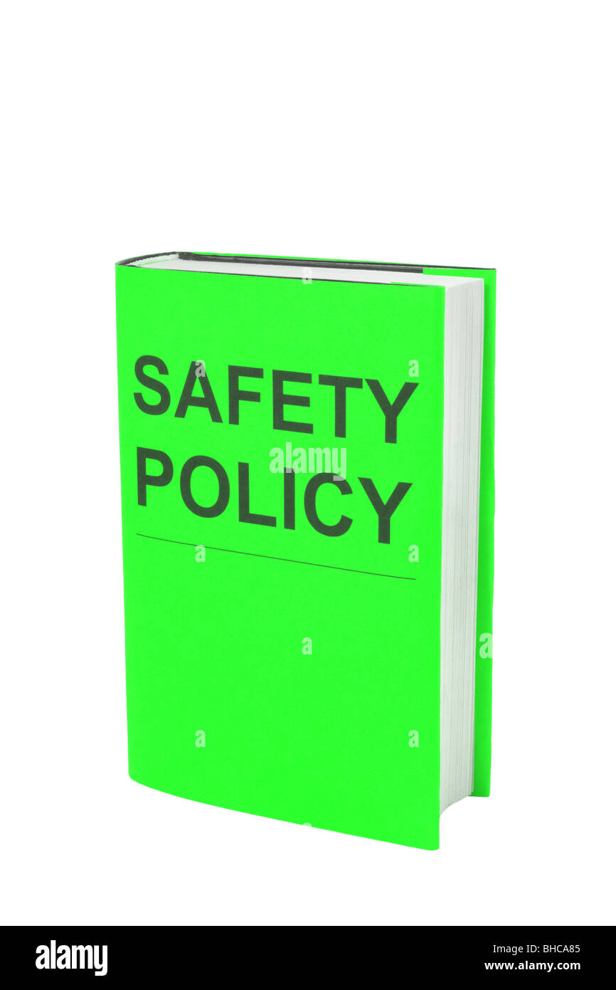 Book with green cover that says Safety Policy. Cut out on white