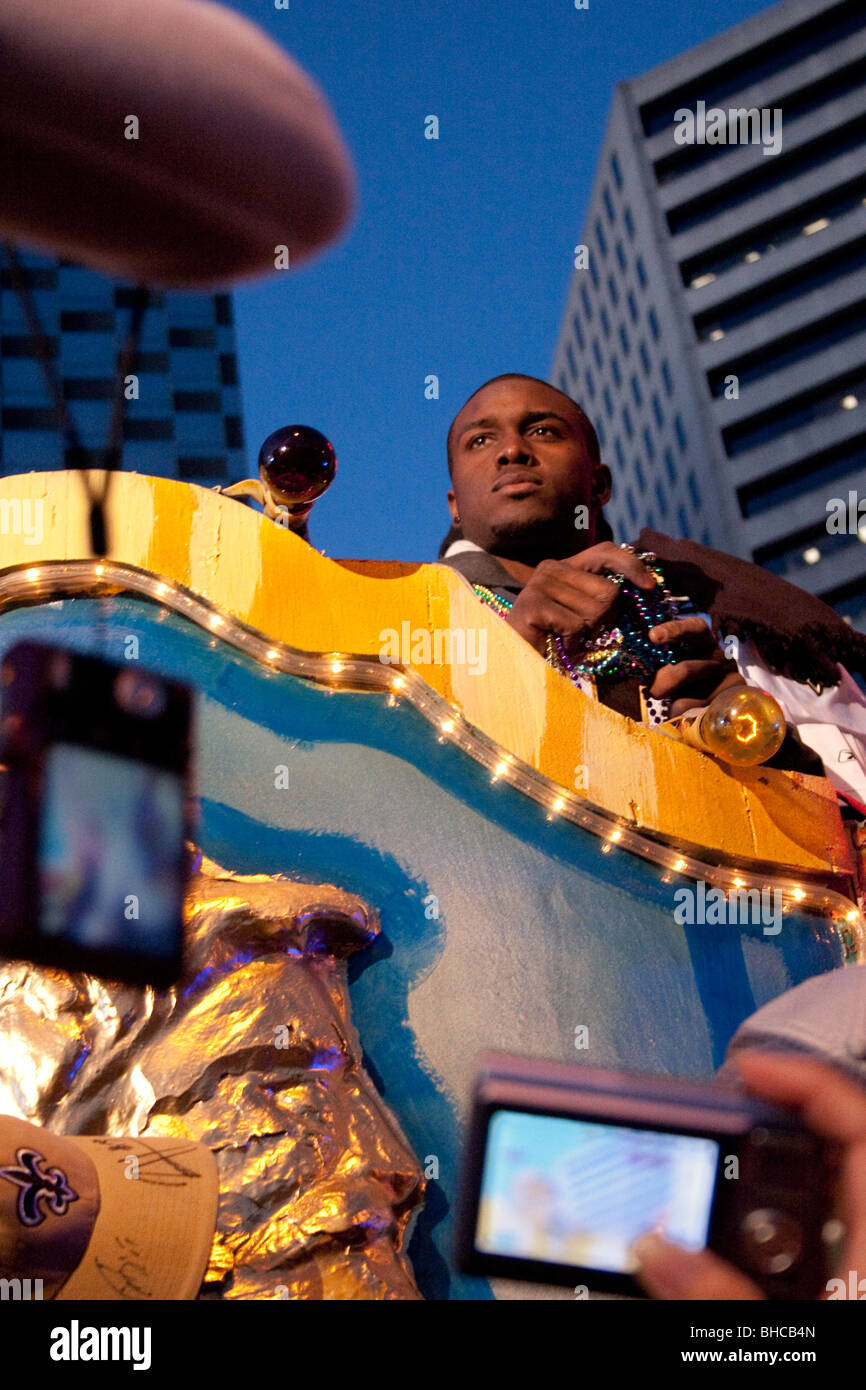 Saints player Reggie Bush observing masses of Saints fans at the honorary Super Bowl Champions parade.  New Orleans Feb. 9, 2010 Stock Photo