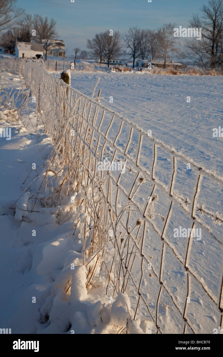 New Palestine, Indiana Frost and snow on a fence on an Indiana farm
