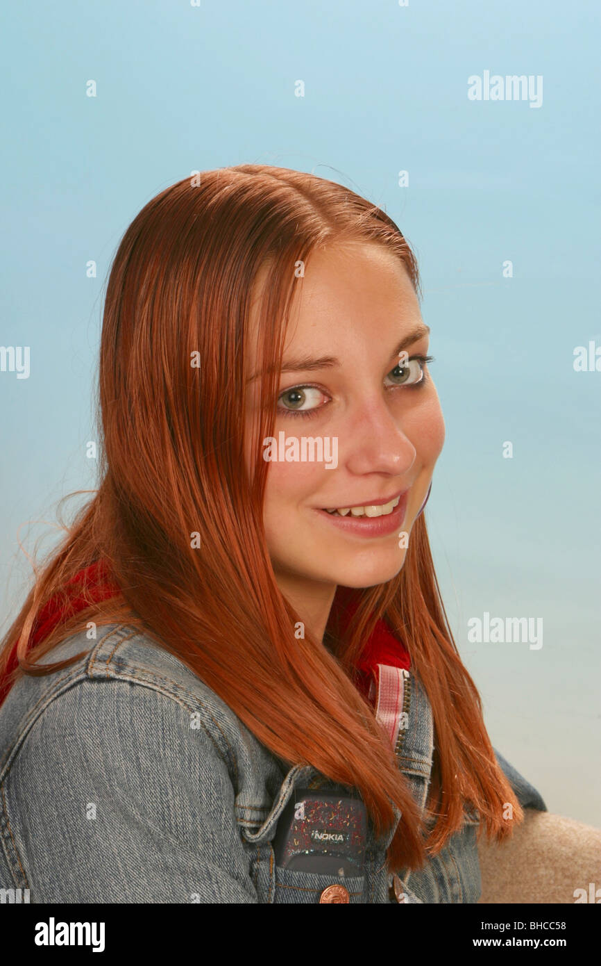 Teenage Girl Age 12 Happy Look At Camera Dyed Hair Stock Photo