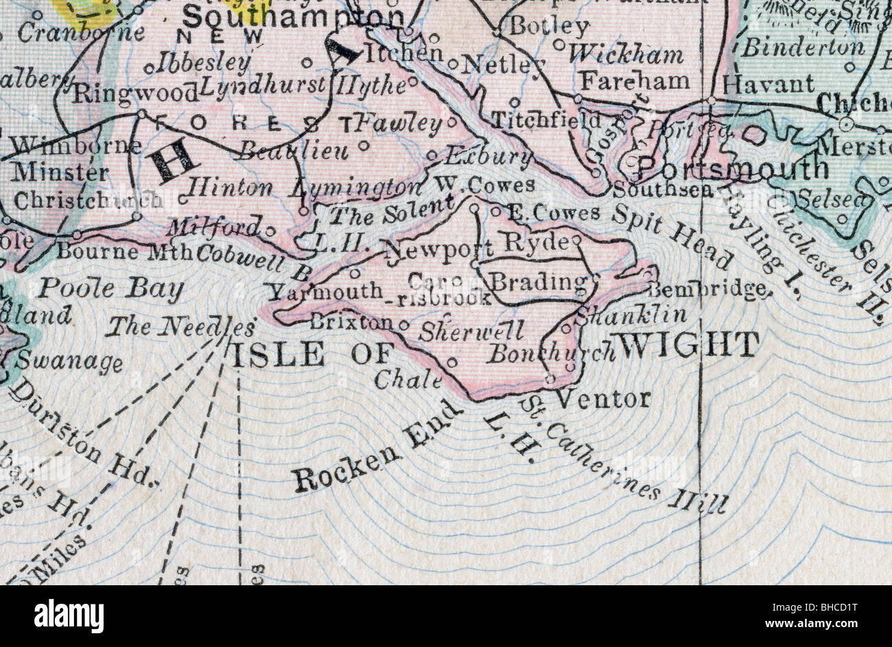 Original old map of Isle of Wight from 1884 geography textbook Stock