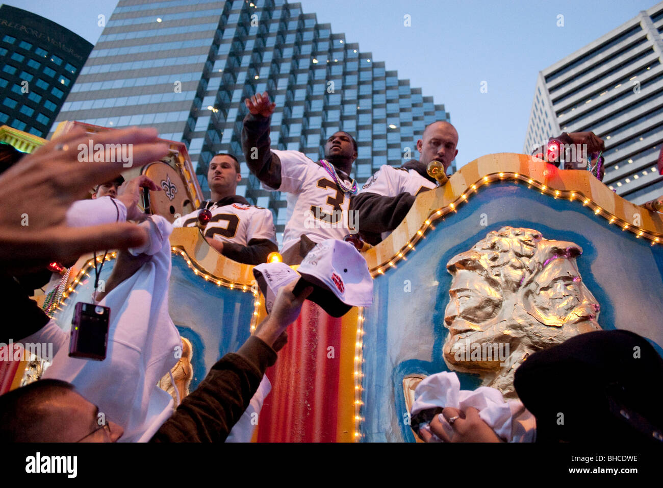 New Orleans Saints football players riding a float in the Saints congratulatory Super Bowl Champions parade.  Feb. 9, 2010. Stock Photo