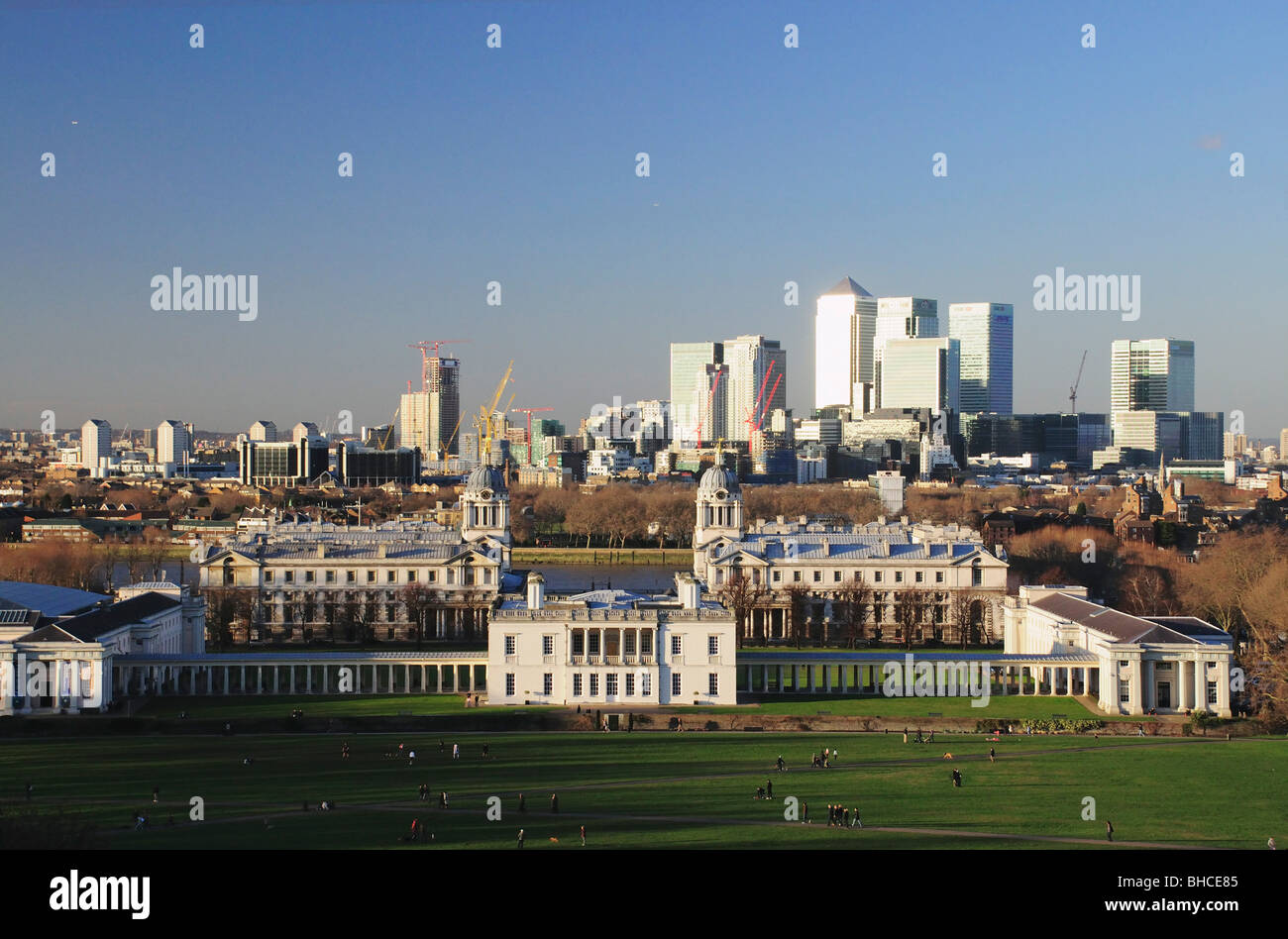 View from Greenwich Park of Queens House, Royal Naval College, River Thames, London Docklands and Canary Wharf Tower, Stock Photo