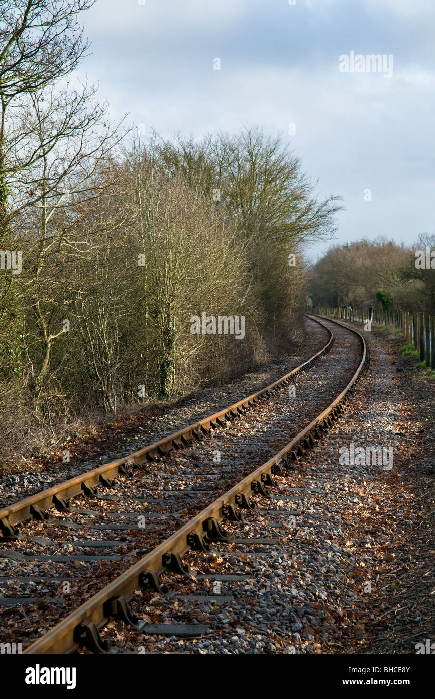 Railway tracks in winter on the Avon Valley railway line with at Bitton in Bristol Stock Photo