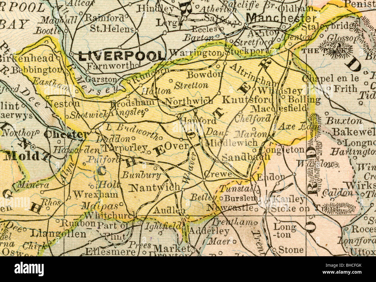 Original old map of Chester County and Liverpool area from 1884 geography textbook Stock Photo