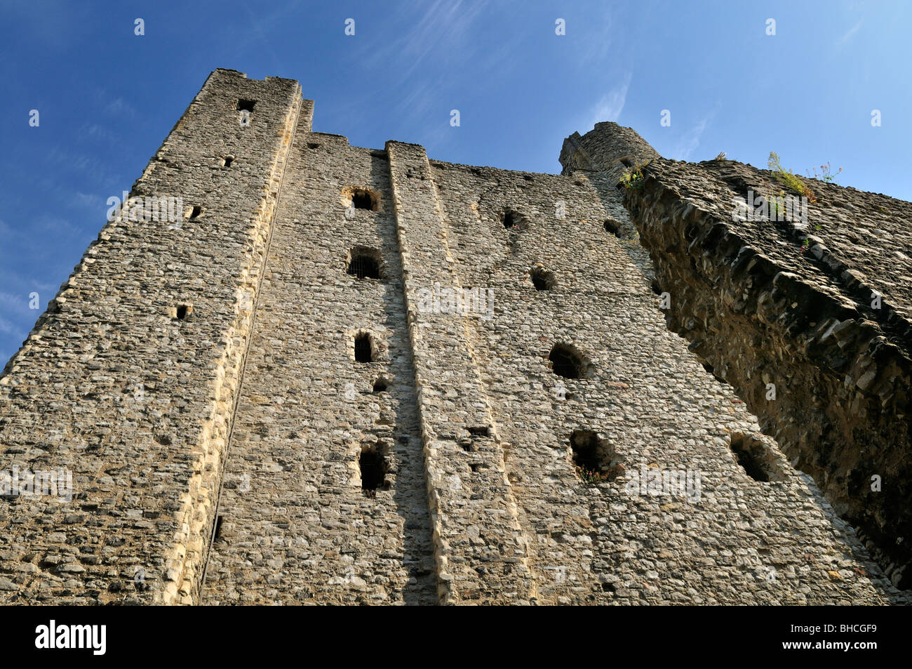 Rochester Castle, Kent, UK. Low angle view of the imposing Norman Keep. Stock Photo