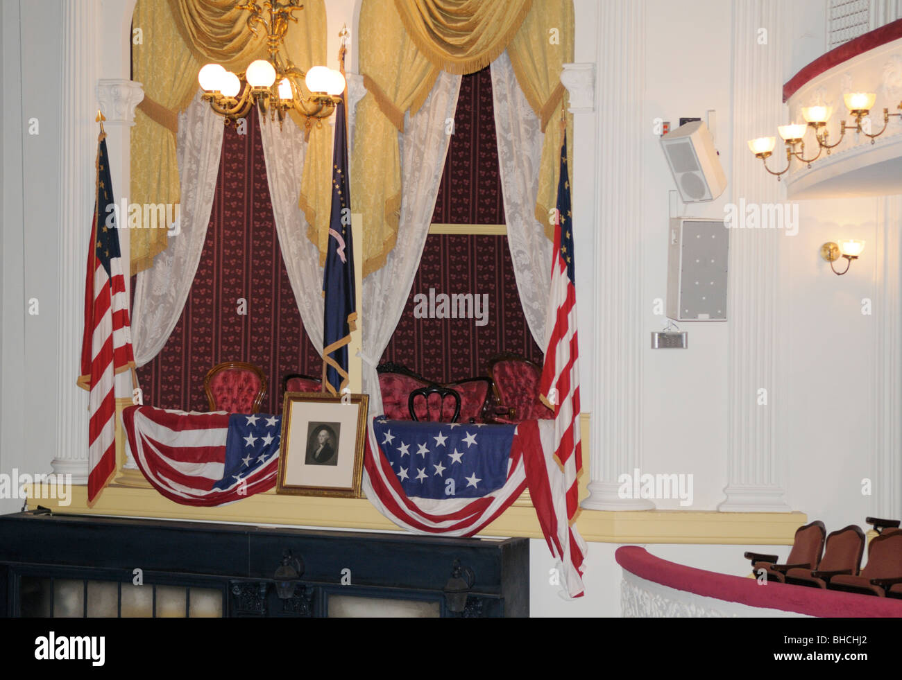 Ford's Theater, balcony where Abraham Lincoln sat when he was shot in 1865 Stock Photo