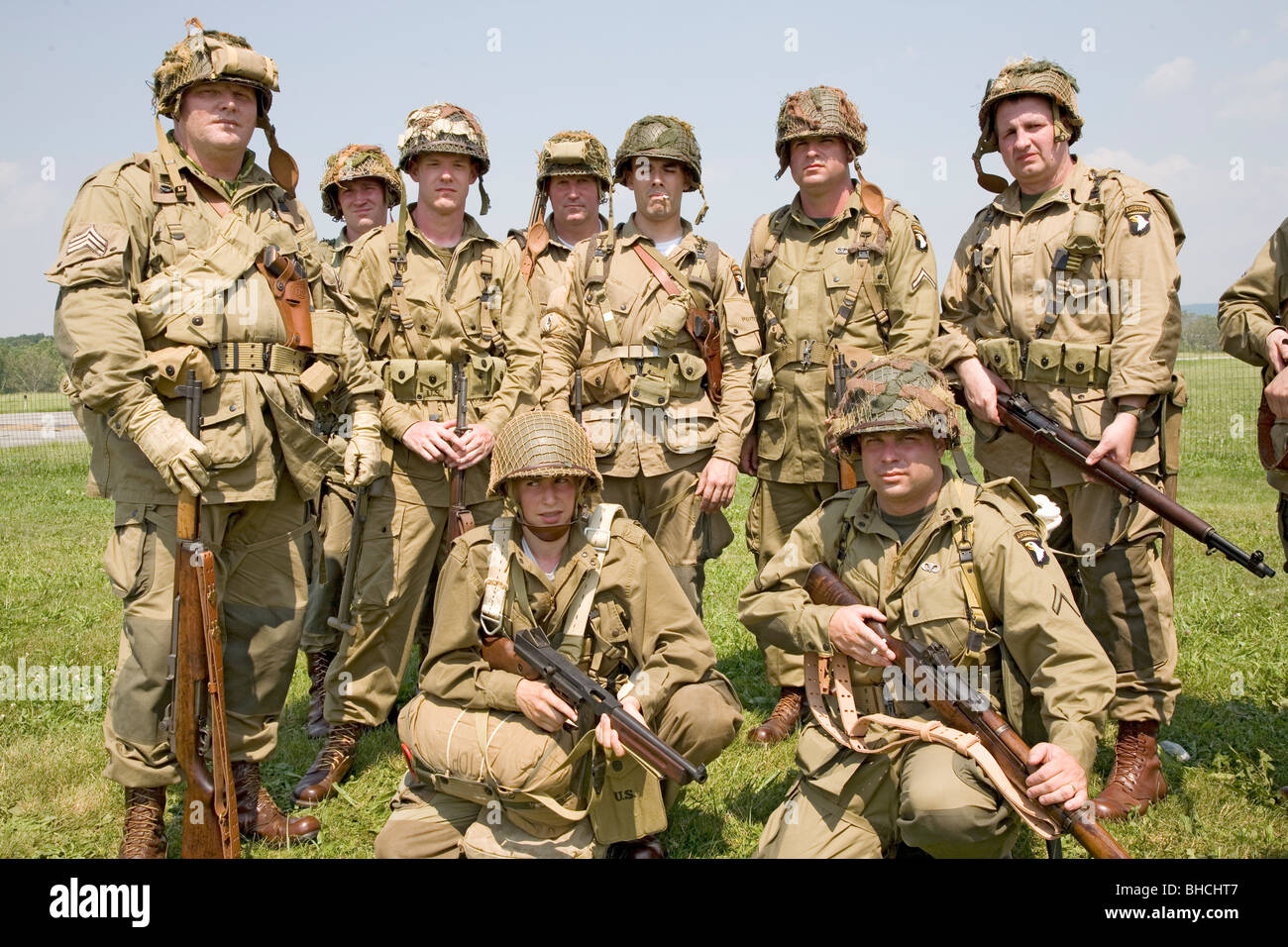 American Infantryman GIs posing at Mid-Atlantic Air Museum World War II Weekend and Reenactment in Reading, PA Stock Photo