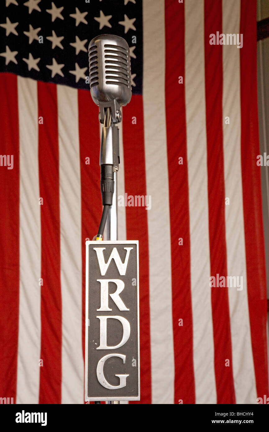 Radio WRDG 1940s vintage microphone and 48 star American flag at Mid-Atlantic Air Museum World War II Weekend and Reenactment in Stock Photo