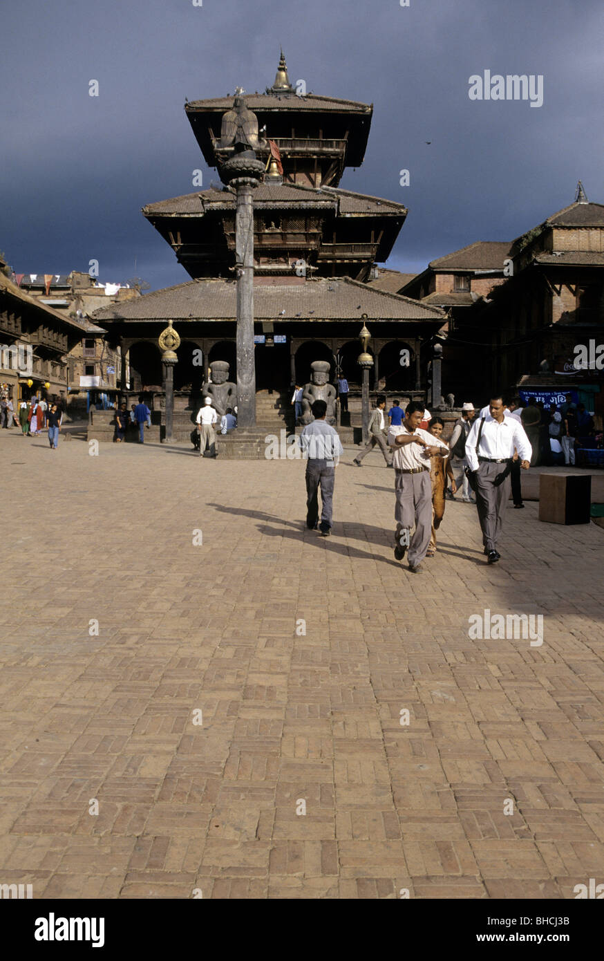 15th century Dattatreya Temple rising above Tachupal Tole in UNESCO World Heritage city of Bhaktapure- Kathmandu Valley, Nepal Stock Photo