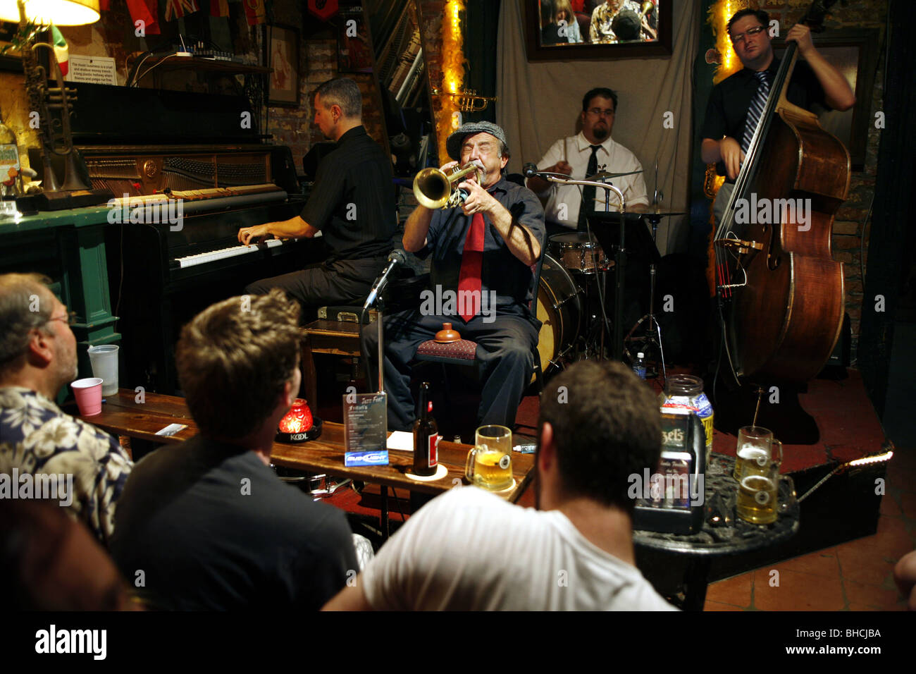 Trumpet Player Charlie Fardella, Fritzel's European Jazz Pub, Bourbon Street, French Quarter, New Orleans, Louisiana, USA Stock Photo
