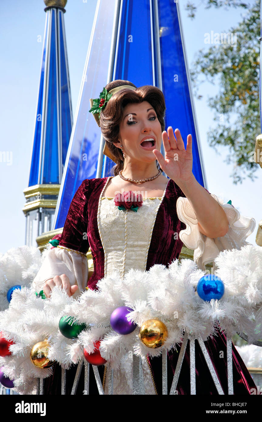 Belle from Beauty and the Beast at Christmas parade, Disneyworld, Orlando, Florida, USA Stock Photo