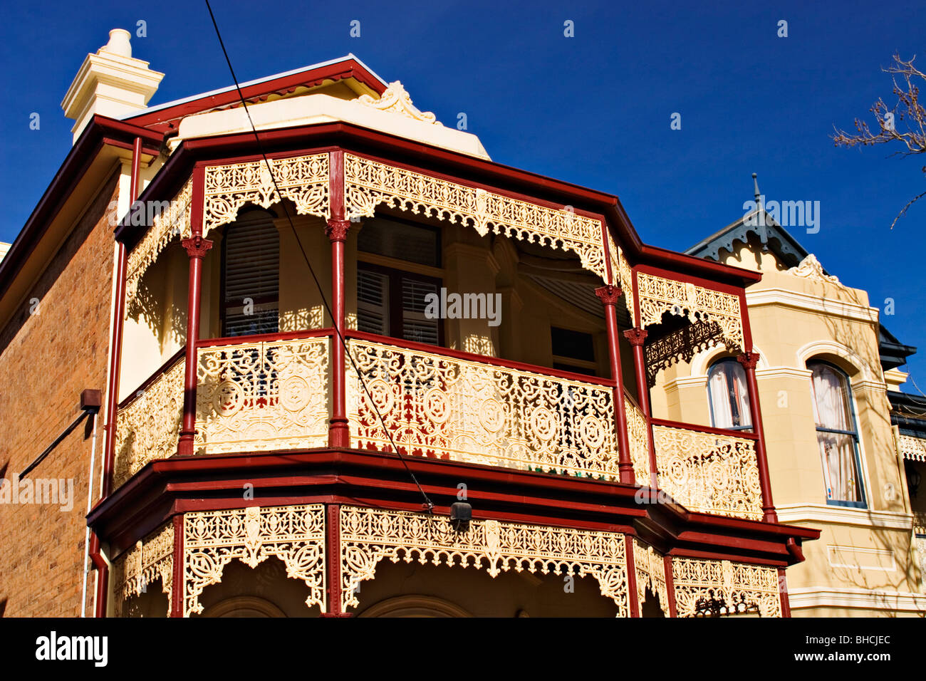 Architecture / Wrought iron detail on a terrace house located in the suburb of Flemington / Melbourne Victoria Australia. Stock Photo