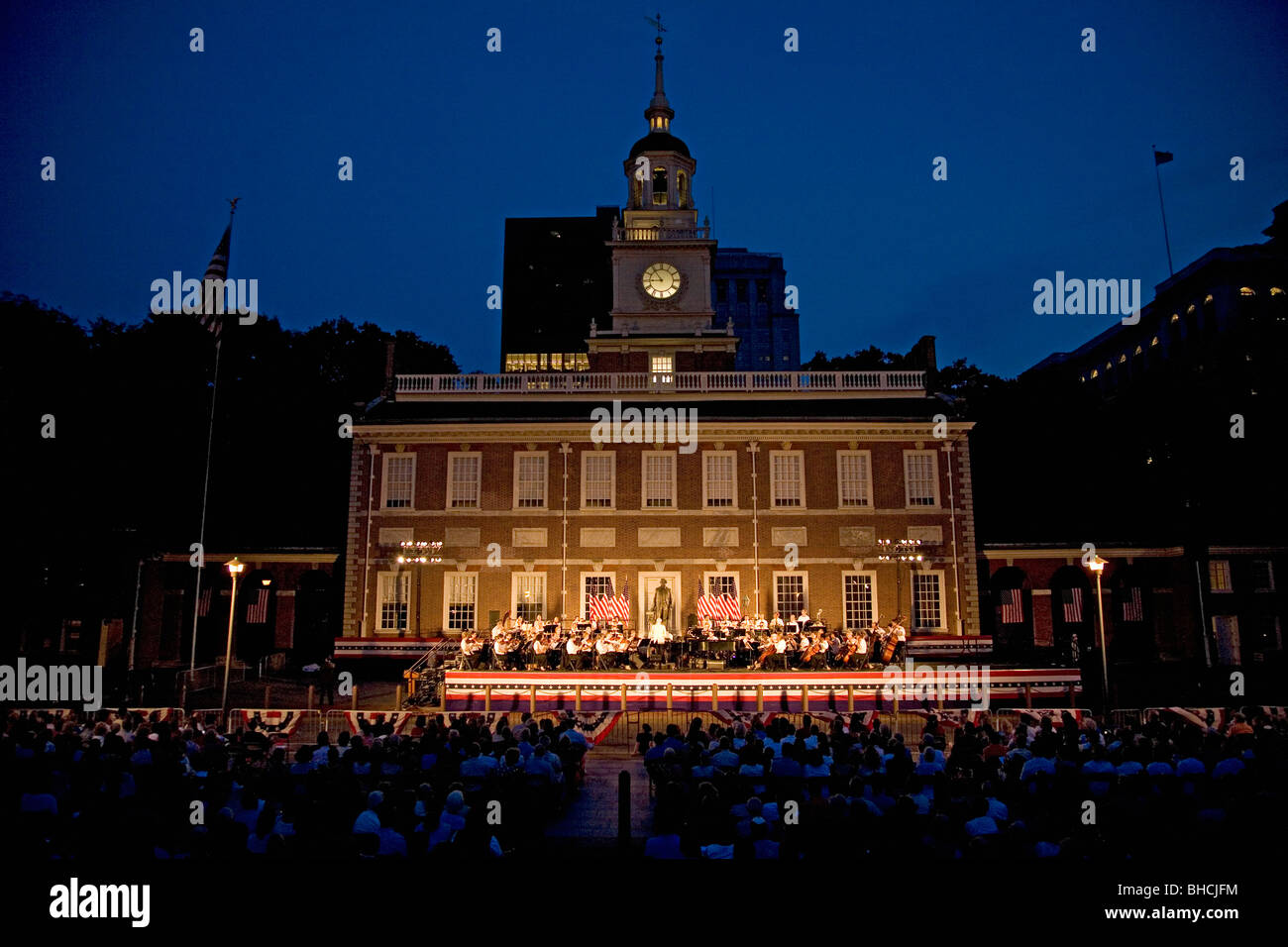Peter Nero and the Philly Pops performing in front of historic Independence Hall, Philadelphia, Pennsylvania on July 3, 2011 Stock Photo