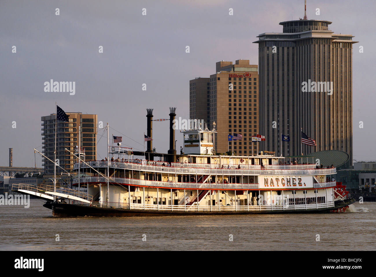 Natchez Paddle Steamer with Hilton Hotel & World Trade Center in background, New Orleans, Louisiana, USA Stock Photo