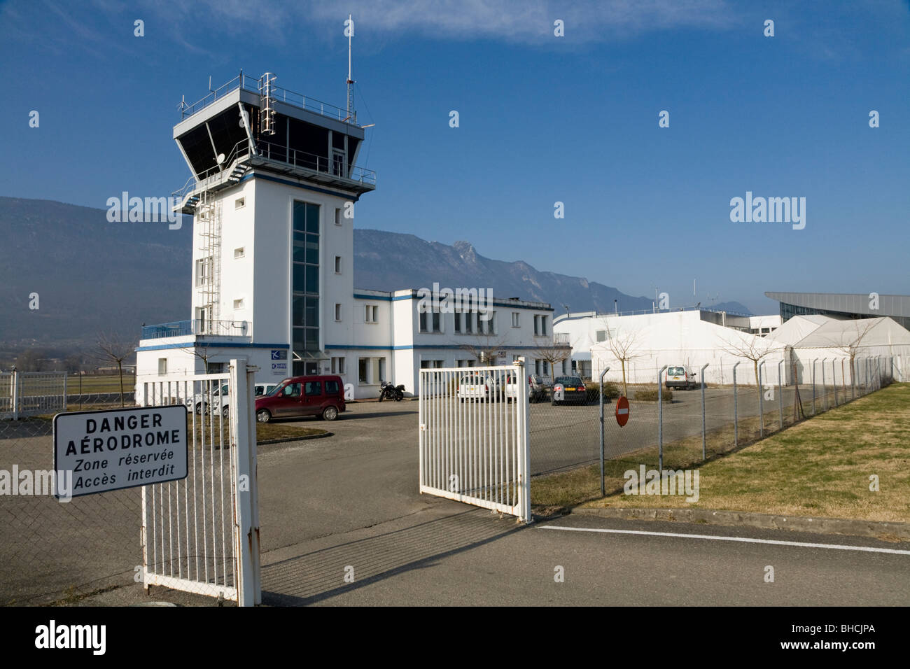 Air traffic control tower of Chambery airport near Aix les Bains on Lac