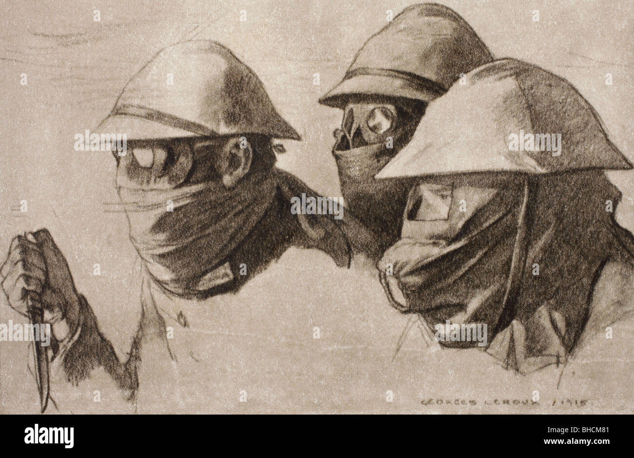 A French patrol wearing gas masks. Stock Photo