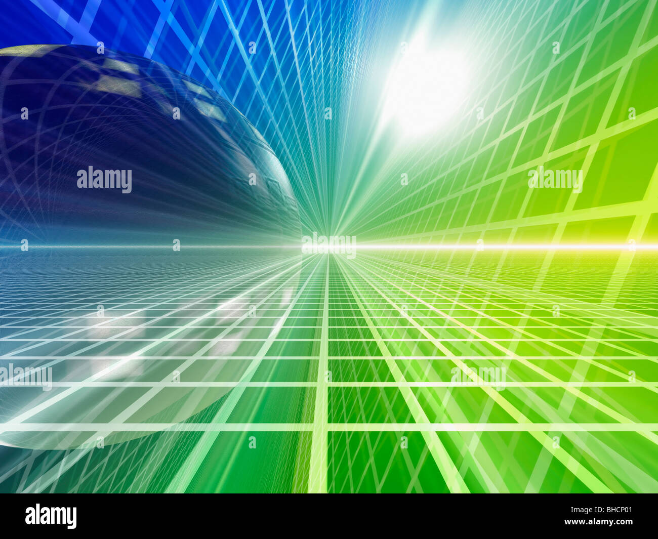 Light beam and transparent sphere on grid background computer graphic ...
