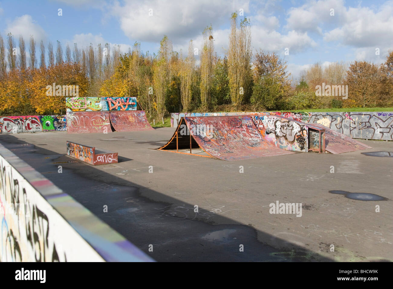 Skate boarding ramp. Hills Meadow. Caversham. Reading. Berkshire. UK. Stock Photo