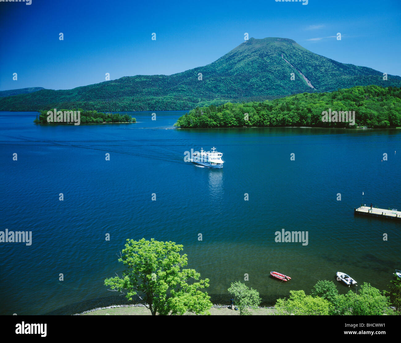 Ferry on Akan Lake, Hokkaido, Japan Stock Photo