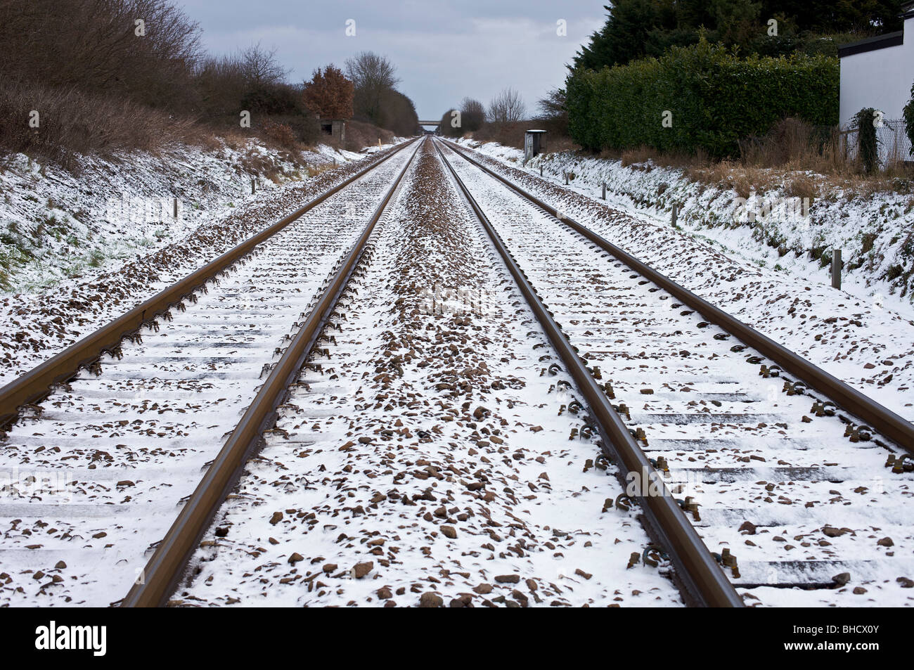 Train track in snow Stock Photo