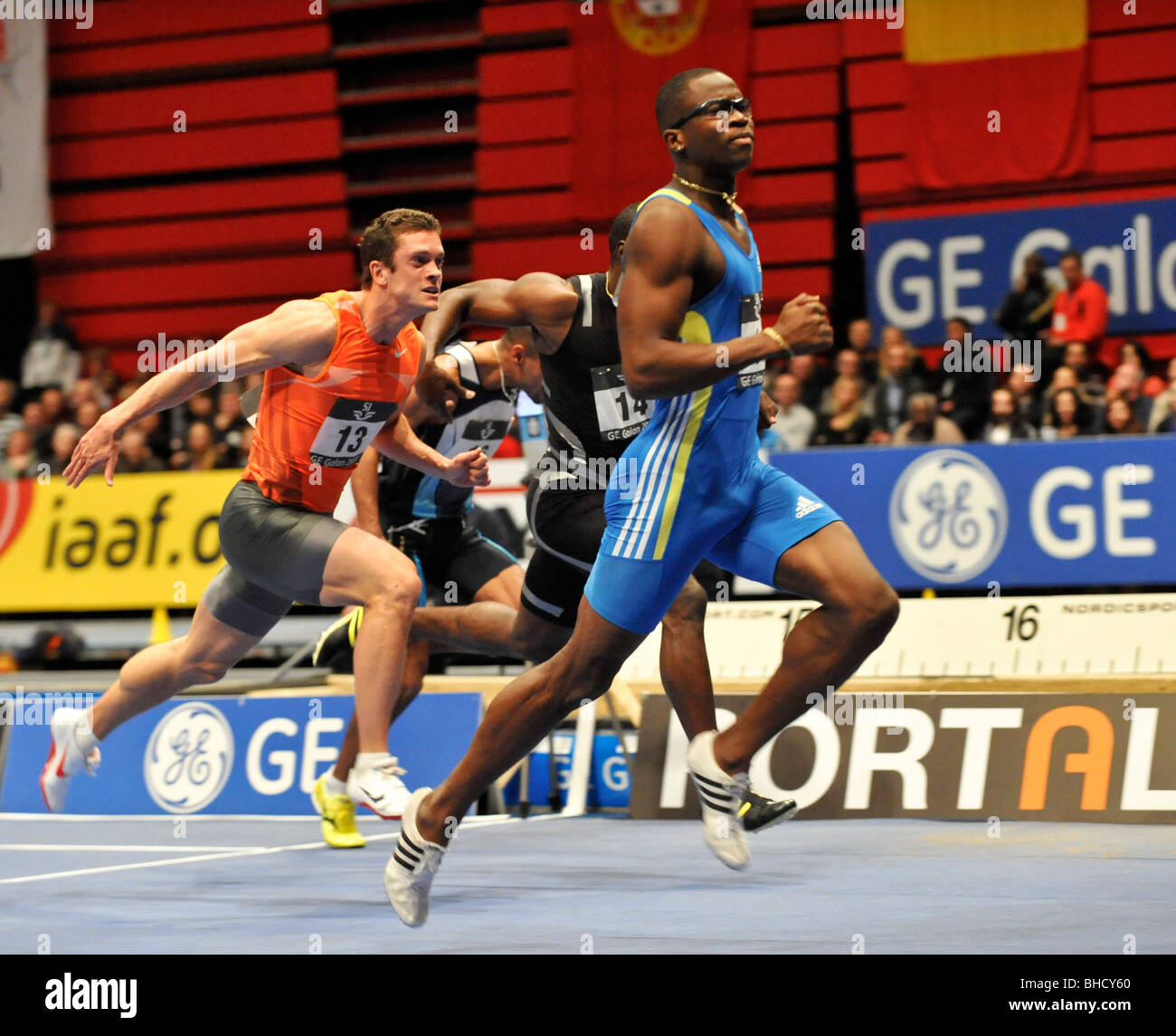Dayron Robles Cuba wins the 60 meter hurdles event in the GE Games in the Ericsson Globe Arena Stock Photo