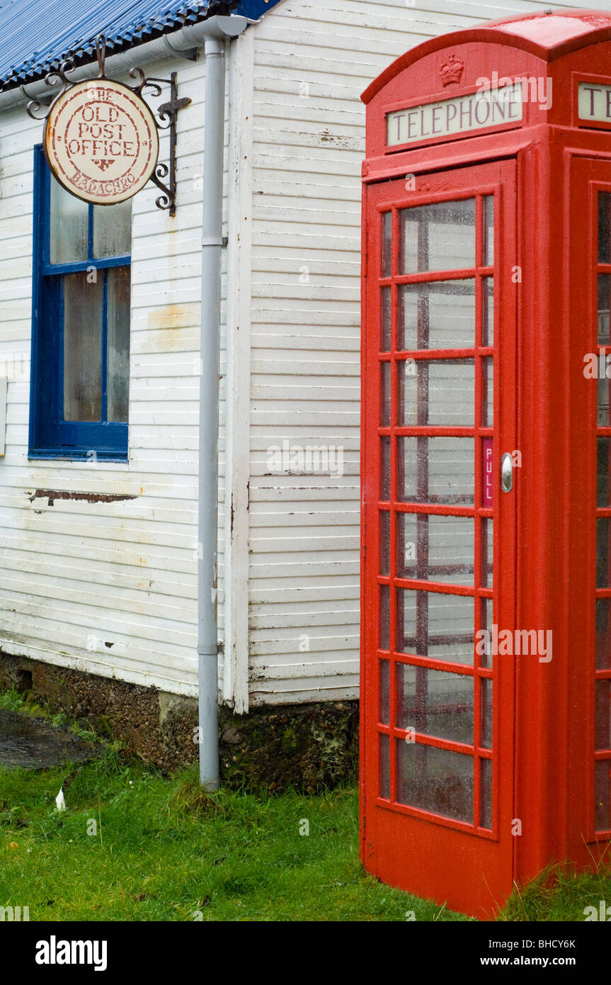 Small post office and red telephone box in the village of Diabaig, Scottish Highlands. Stock Photo
