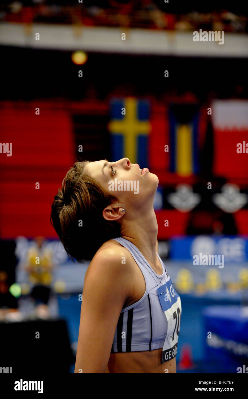 Blanka Vlasic from Croatia checks her high jump on the big screen at the GE Games in Stockholms Ericsson Globe Arena Stock Photo
