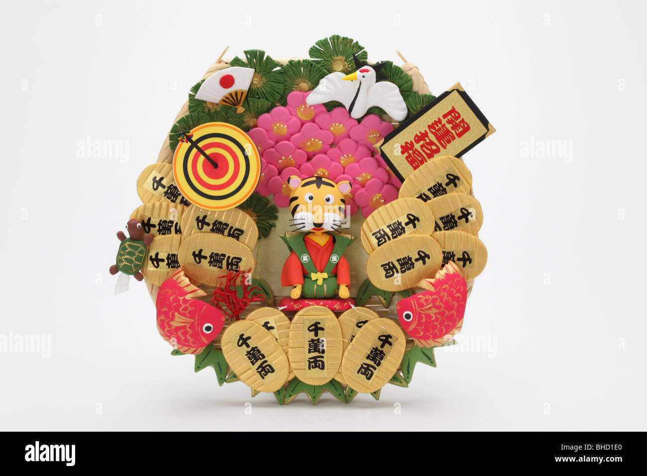 Tiger figurine decoration with Japanese symbols Stock Photo Alamy
