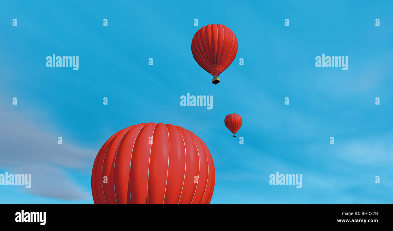 Red Hot-Air Balloons in the blue sky - Rote Heissluftballons am blauen Himmel Stock Photo