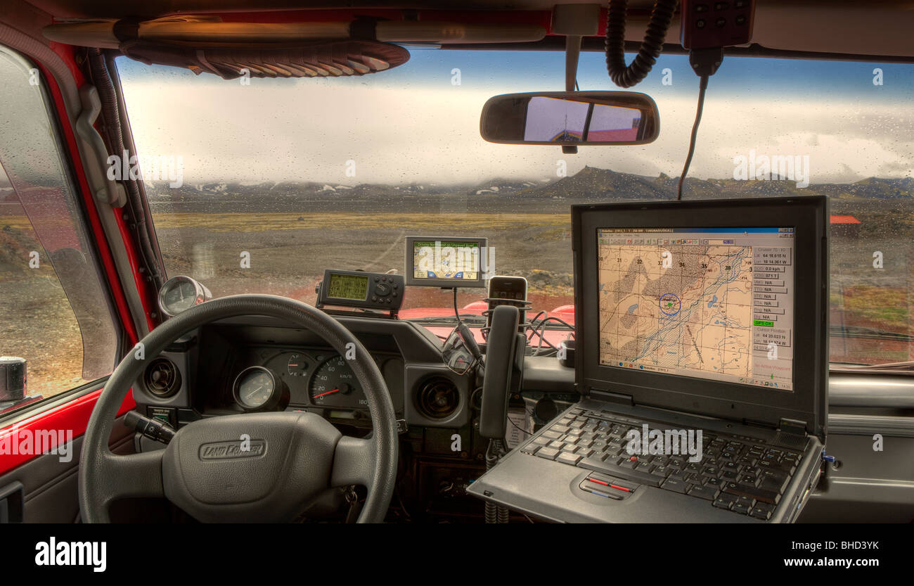 Dashboard of Jeep, equipment for off-roading, Iceland Stock Photo
