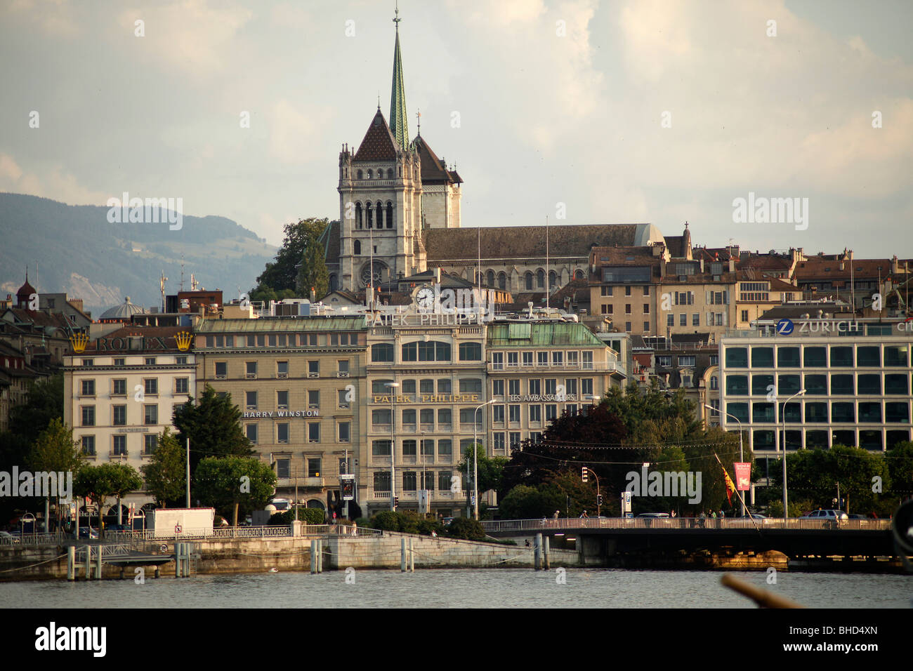 Cathedral, old part of town and Geneva Lake shore in Geneva, Switzerland, Europe Stock Photo