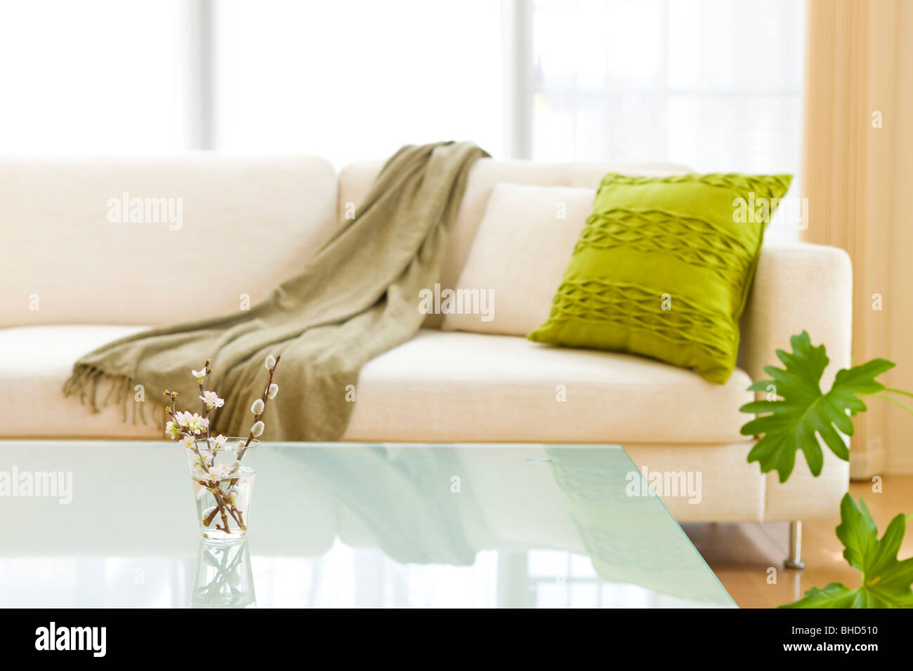 Sofa and coffee table with vase of blossoms Stock Photo Alamy