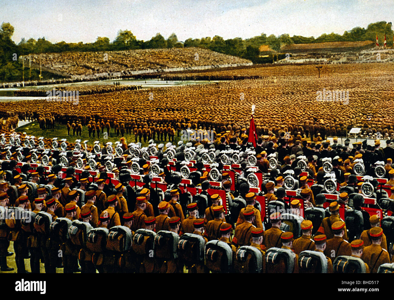 National Socialism / Nazism, Nuremberg Rallies, 'Reichsparteitag des Sieges' ('Rally of Victory'), parade of the Sturmabteilung units (SA), Luitpoldhain, coloured photograph by Heinrich Hoffmann, Stock Photo