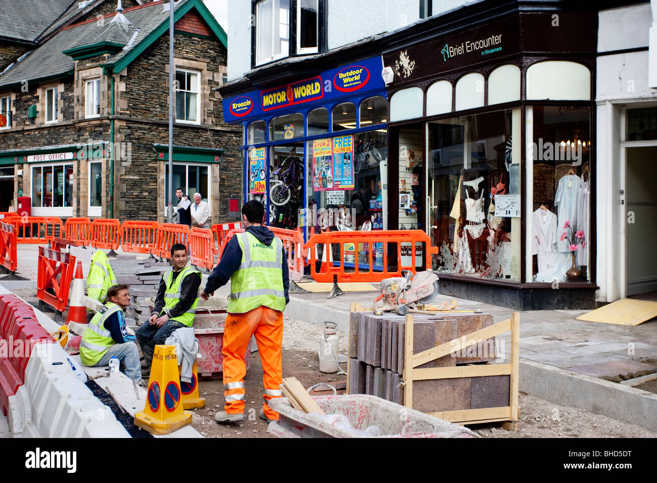 Road works - No trip barrier -Chapter 8 barrier temporary site fencing & pedestrian barriers Windermere Town Centre Enhancement Stock Photo