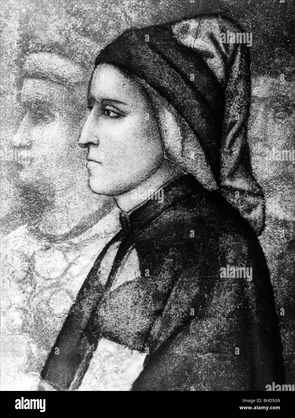 Dante Alighieri, 5.1265 - 14.9.1321, Italian author / writer (poet) and philosopher, portrait, fresco by Giotto, Florence, , Stock Photo