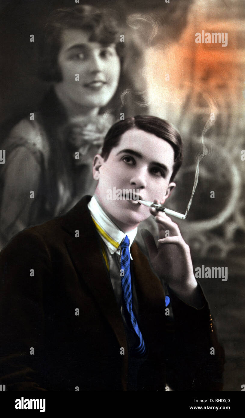 tobacco, young man smoking cigarette, circa 1920s, Stock Photo