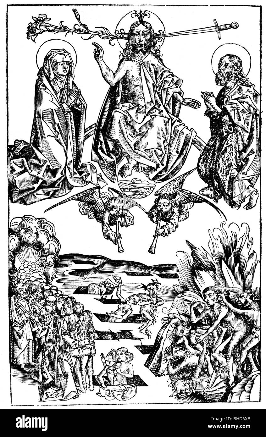 religion, biblical scenes, Last Judgement, woodcut, Nuremberg Chronicle, 1493, judgment, Jesus Christ, judge, sinners, saints, r Stock Photo