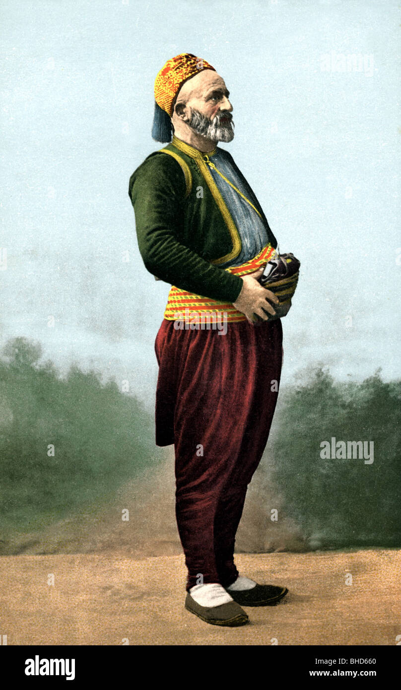 geography travel Turkey people Turk in traditional costume coloured picutre postcard 19th century historic historical Moslem Muslim Moslems Muslims kaftan traditional costume national costume dress tr...
