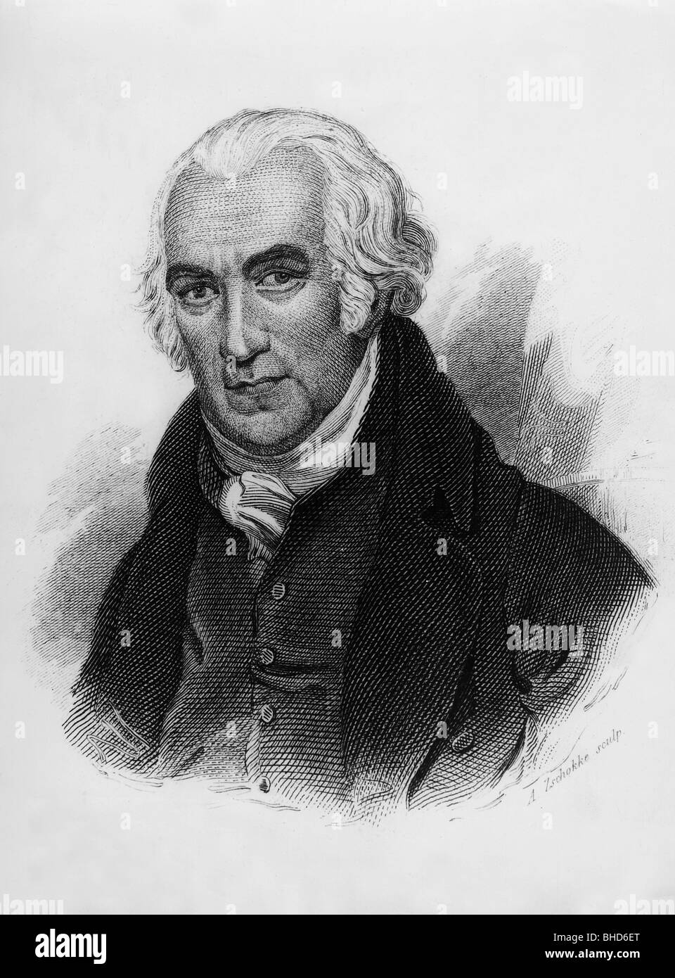 Watt, James, 19.1.1736 - 25.8.1819, English engineer and inventor (steam engine), portrait, copper engraving by Alexander Zschokke, 1820, Artist's Copyright has not to be cleared Stock Photo