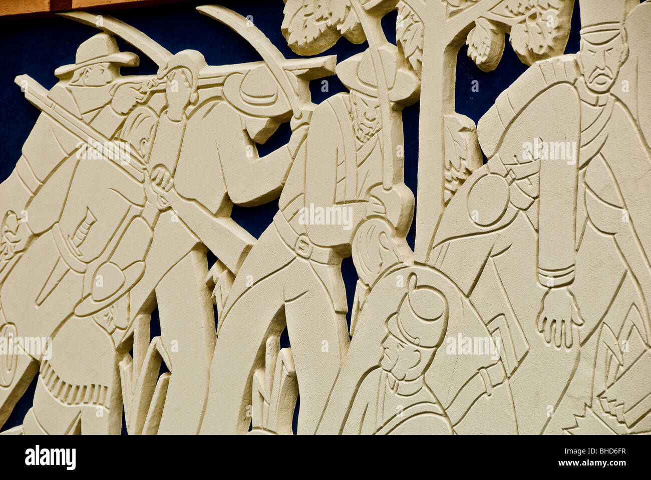 Bas-relief frieze with figures of early pioneers, explorers and soldiers of Texas on Tower Building in Fair Park, Dallas, Texas Stock Photo