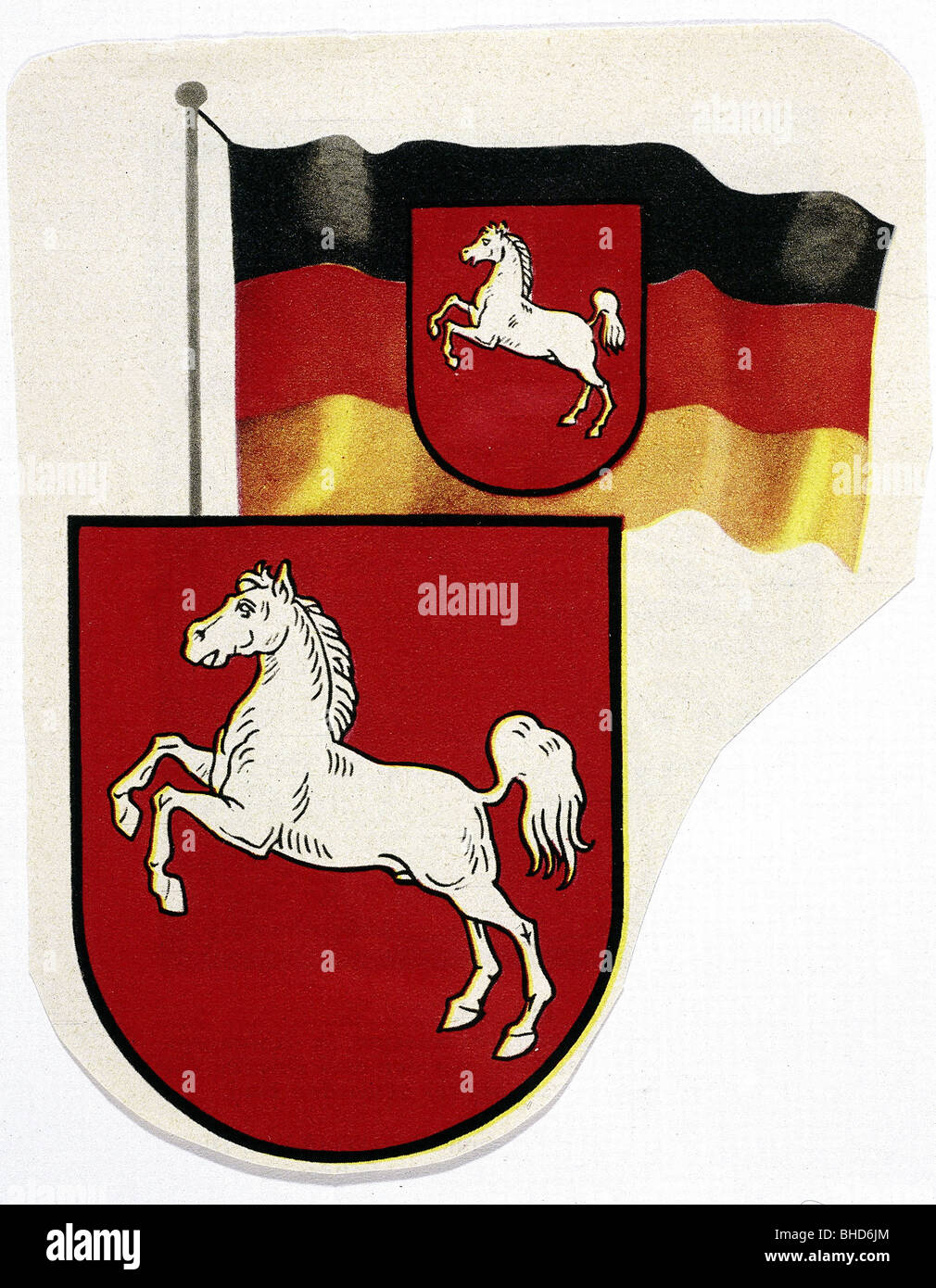 coat of arms, flag and coat of arms of Lower Saxony, Federal Republic of Germany, heraldry, white horse, steed, Dukes of Brunswi Stock Photo