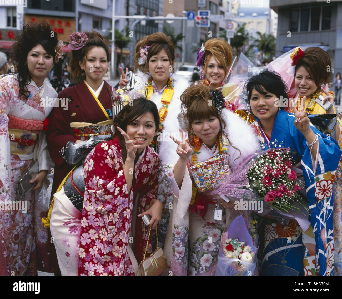 Coming of Age Day, Seijin no Hi, Okinawa Japan. Japanese holiday celebrating those who have turned 20. Kimonos and Hakama worn. Stock Photo