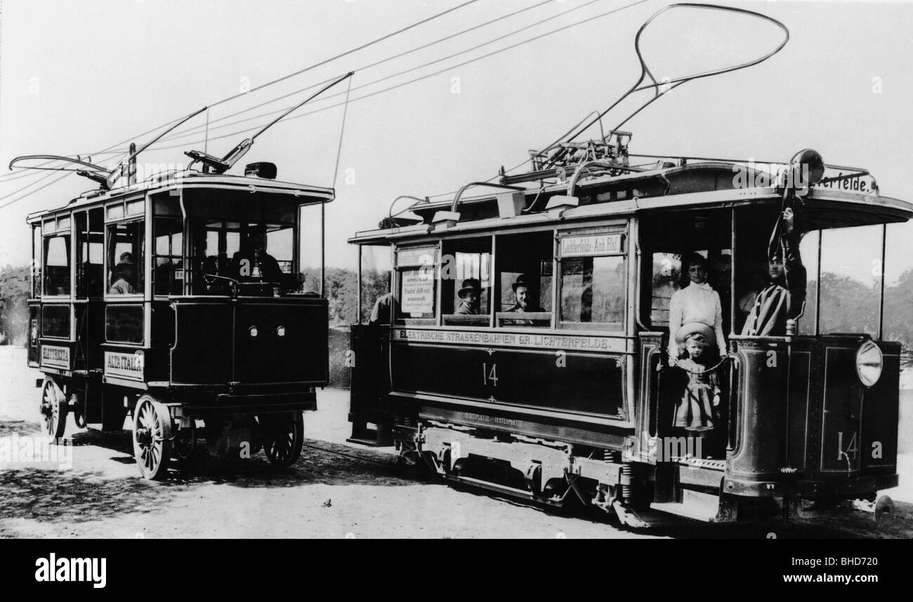 transport / transportation, public transportation, tram, a car of the electrical tram Gross-Lichterfelde (right) and of a trolley bus of Elettricita Alta Italia, Berlin, circa 1905, local public transport, motor coach, city, people, contact wire, trolley wire, over head cable, contact wires, trolley wires, over head cables, electricity, technics, line 14, Berlin-Lichterfelde, Lichterfelde, Kingdom of Prussia, Germany, German Empire, Imperial Era, 20th century, 1900s, transport, transportation, electrical, electric, tram, streetcar, trams, streetcars, cable- car, Stock Photo