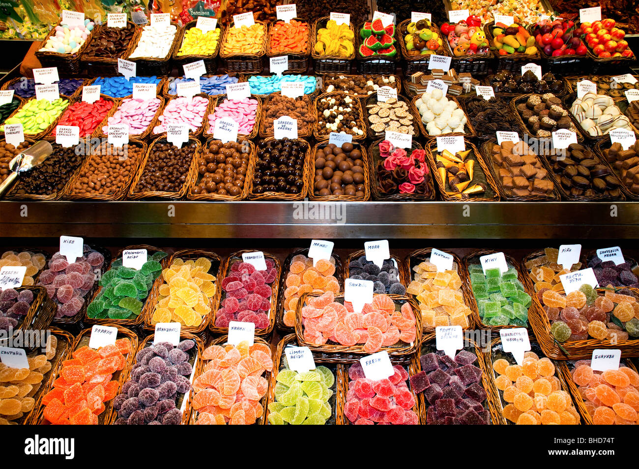 Sweets and candies for sale at La Boqueria, Barcelona Spain Stock Photo