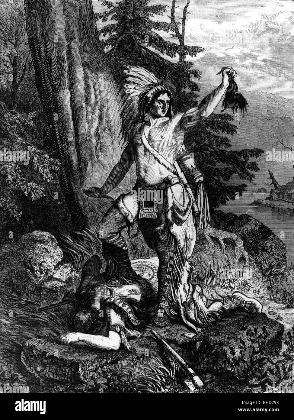 geography / travel, United States of America, people, American Indians, warrior with scalp, wood engraving after genre drawing by C.E. Doeppler, 1869, Stock Photo