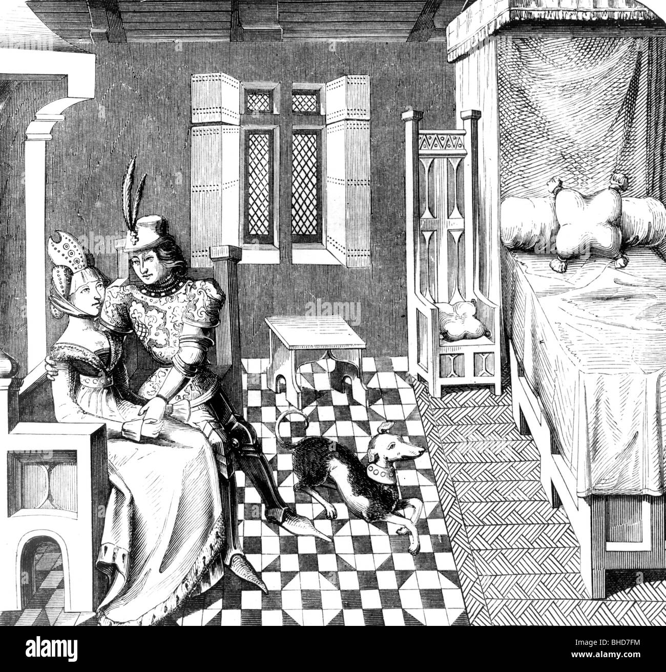 people, couples, sex and eroticism, Middle Ages, knight with his wife, courtly costumes of Burgundy from the 14th century, wood engraving after miniature, grapohic, graphics, dog, hound, couple, love, lovers, bed, bedroom,